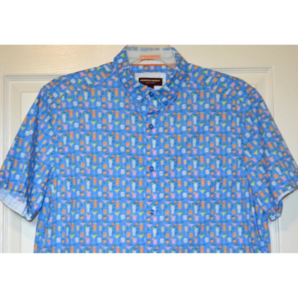 Johnston & Murphy Shirt Men's L Button Front Short Sleeve Blue w/ Cocktail Glass - Picture 10 of 16